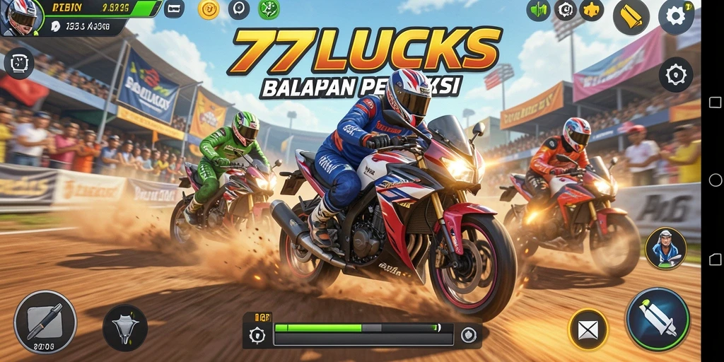 Gameplay mendebarkan di 77LUCKS dengan berbagai motor balap.