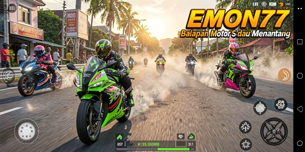 Tampilan seru dari gameplay balapan motor di EMON77.