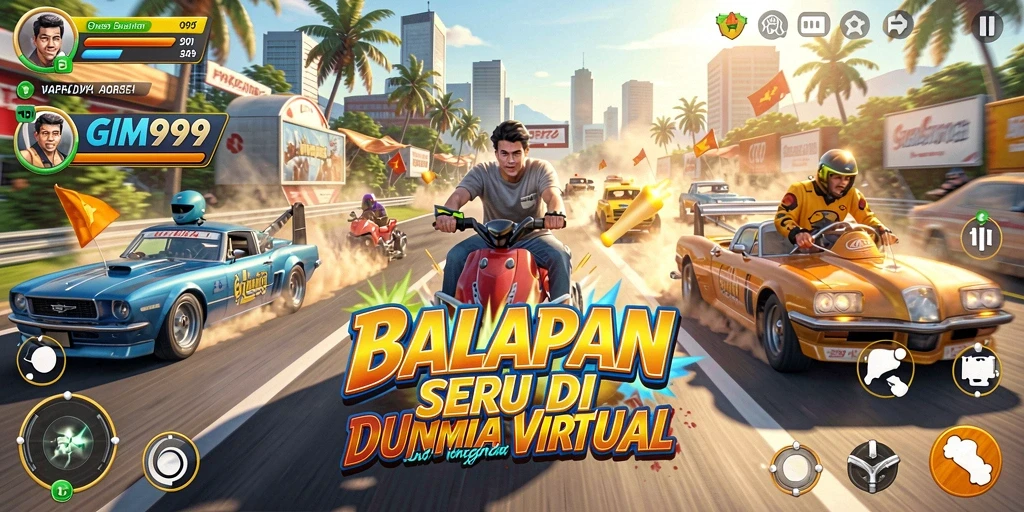 Gameplay seru GIM999 dengan balapan cepat dan mobil keren.