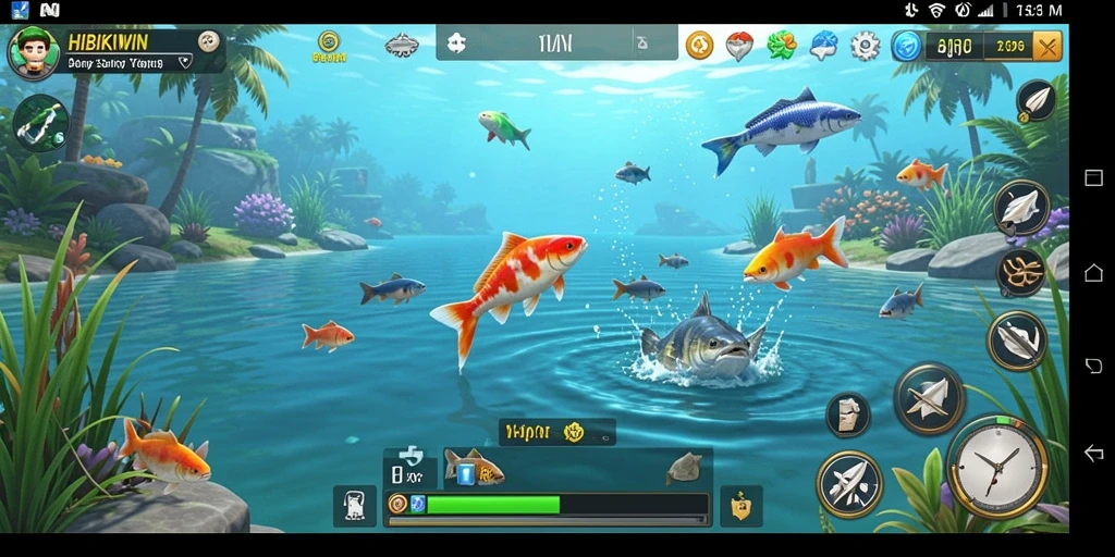 Gameplay HIBIKIWIN yang seru dan menantang saat memancing.