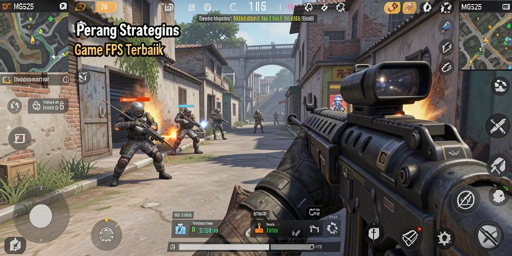 Tampilan gameplay MG525 yang intens dan mendebarkan dari pertempuran FPS.