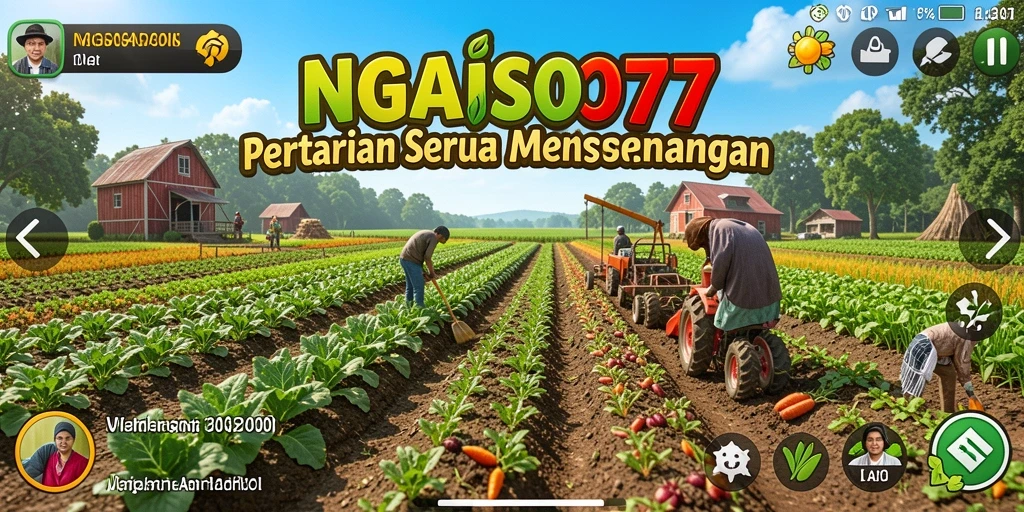 Screenshot gameplay NGASO77 menampilkan lahan pertanian yang subur dan hewan ternak yang sehat.