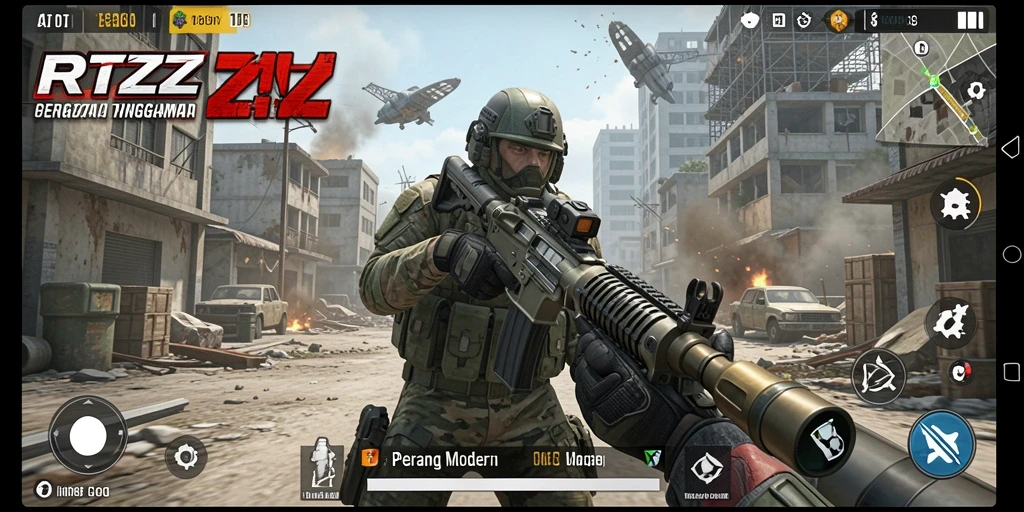Tangkapan layar gameplay RTZZ dengan aksi tembak-menembak yang intens.