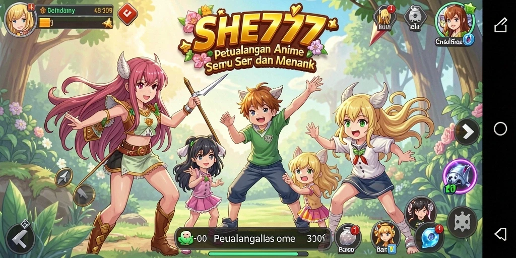 Tampilan gameplay seru di SHE777 dengan aksi karakter Anime.